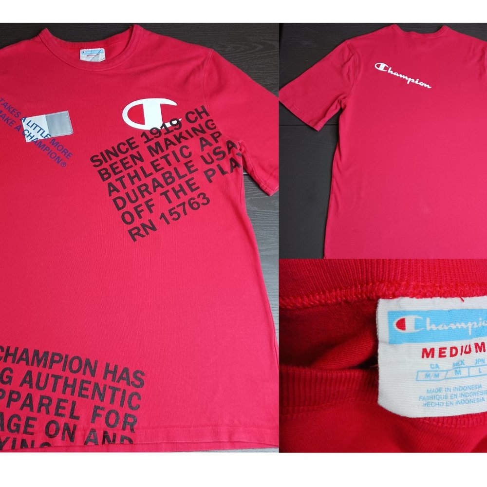 Vintage Champion Heritage All Over Print Script Logo T Shirt Red Medium